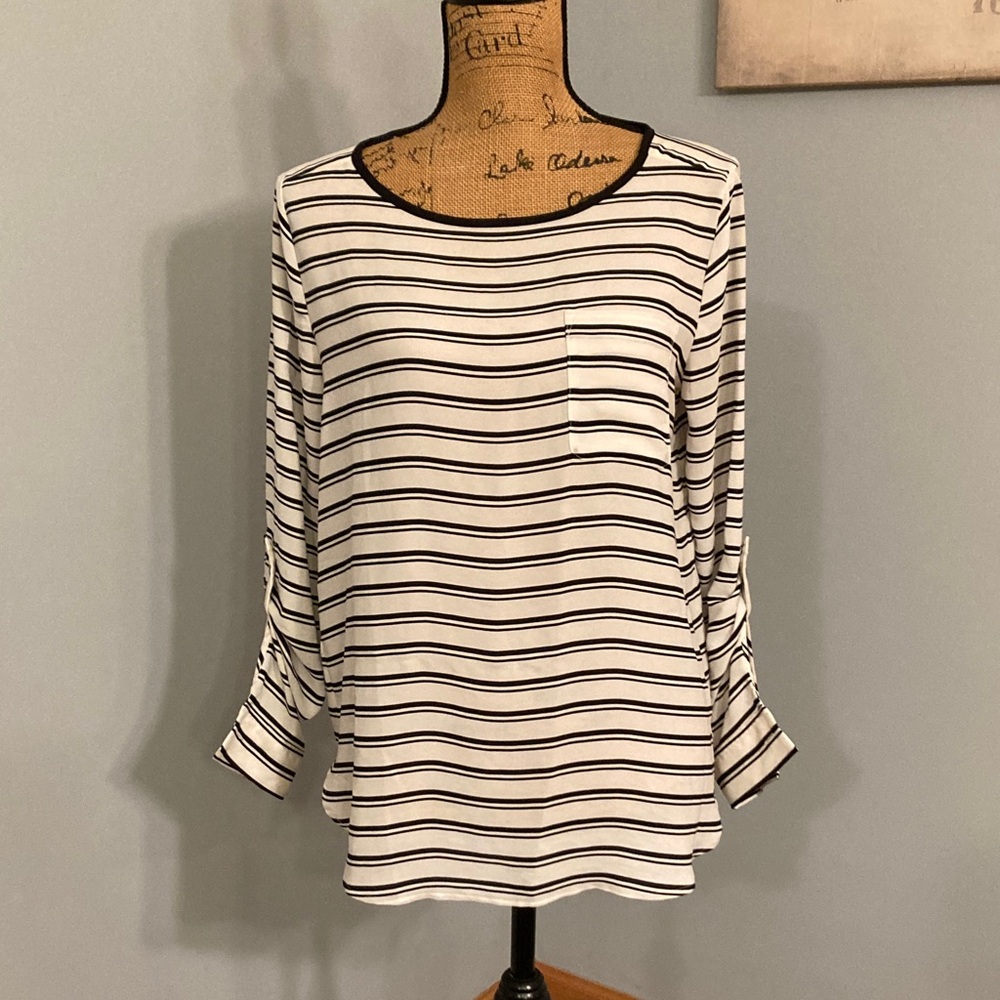 LOFT Navy and White Striped Blouse Women Size M Button-Tab Sleeve